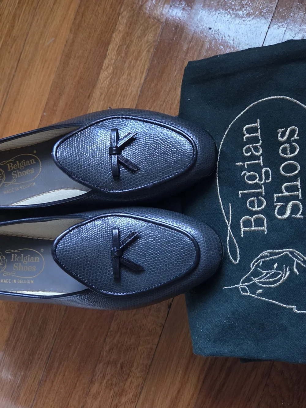 Belgian Shoes 'Midinettes' Lizard Calf Leather Loafers with Bow Accent